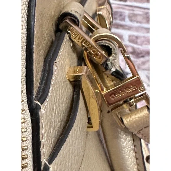 Calvin Klein Gold Metallic Pebbled Leather Satchel Crossbody Bag Convertible - Picture 14 of 16